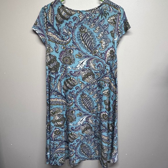 Aryeh Blue Paisley Floral Short Sleeve Tunic Dress Pockets Size Small Bohemian - Picture 2 of 7